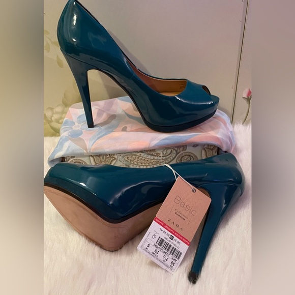 WOMEN’S “ZARA” PLATFORM PEEP TOE HEELS- SIZE 38 (EU) 7-1/2 US. CLR-BLUE/TEAL - Picture 3 of 4